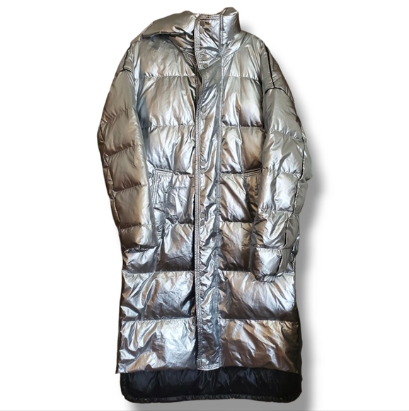 LIT Activewear Maxi Laser Long Parka Silver Metallic Down & Feather Y2K Jacket - Picture 2 of 15